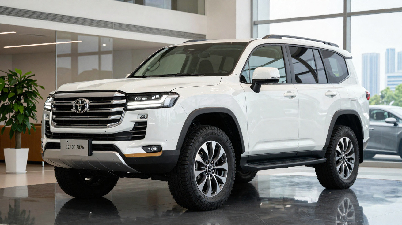 SUV branco Toyota Land Cruiser LC400 2026 exibido em showroom moderno com grandes janelas.