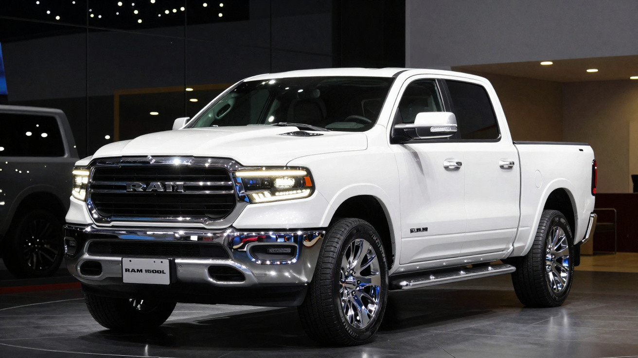 Picape branca RAM 1500L exibida em ambiente interno com iluminação destacando detalhes cromados.
