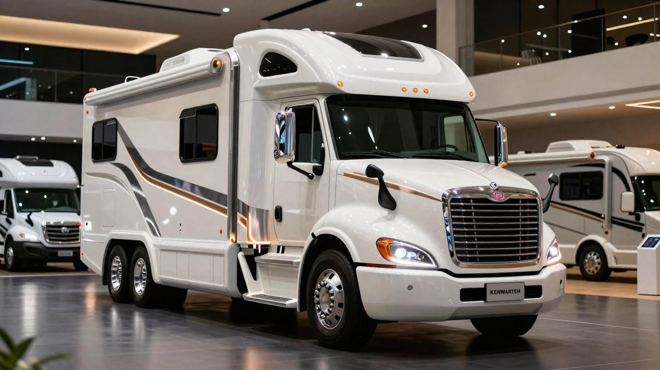 Motorhome branco, moderno, exibido em showroom com iluminação interna e outros veículos ao fundo.