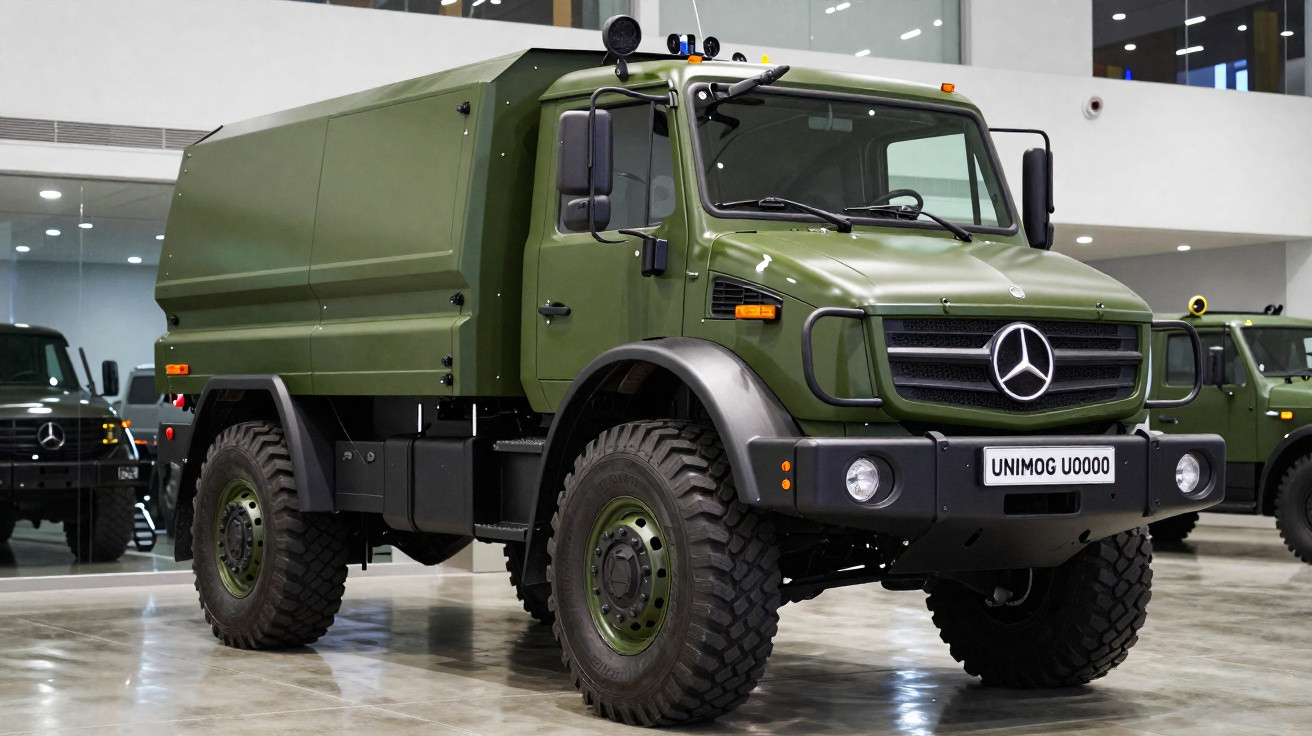 Caminhão militar Mercedes-Benz Unimog verde com pneus para terrenos off-road em ambiente interno.