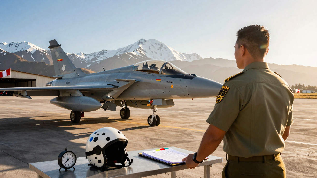 Militar observa caça da Força Aérea em pista com montanhas nevadas ao fundo no pôr do sol.
