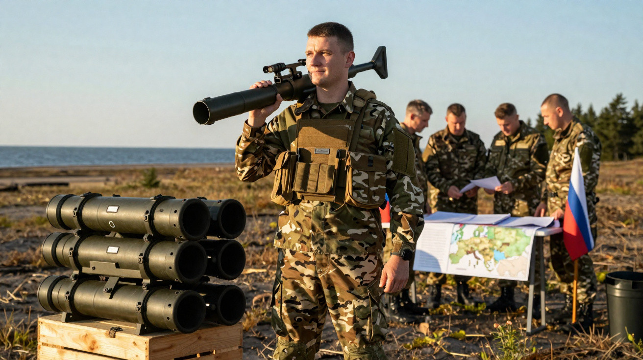 Soldado em uniforme camuflado segura lança-foguetes com grupo e mapa ao fundo, em área aberta perto do mar.