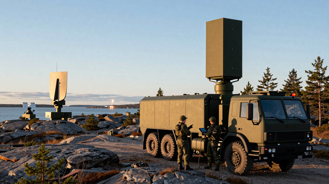 Veículo militar com equipamento radar e dois soldados em terreno rochoso perto de um corpo d'água ao entardecer.