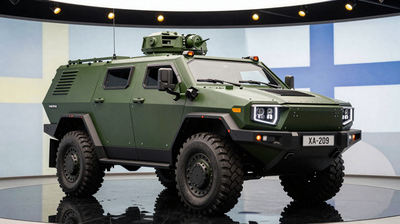 Veículo blindado militar verde com pneus robustos exibido em espaço interno com luzes no teto.