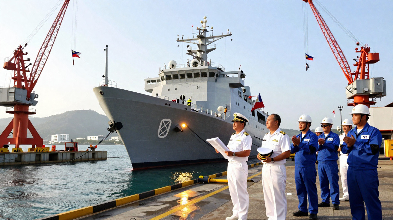 Oficiais navais e trabalhadores portuários em um cais observando navio militar cinza ancorado, com guindastes ao fundo.
