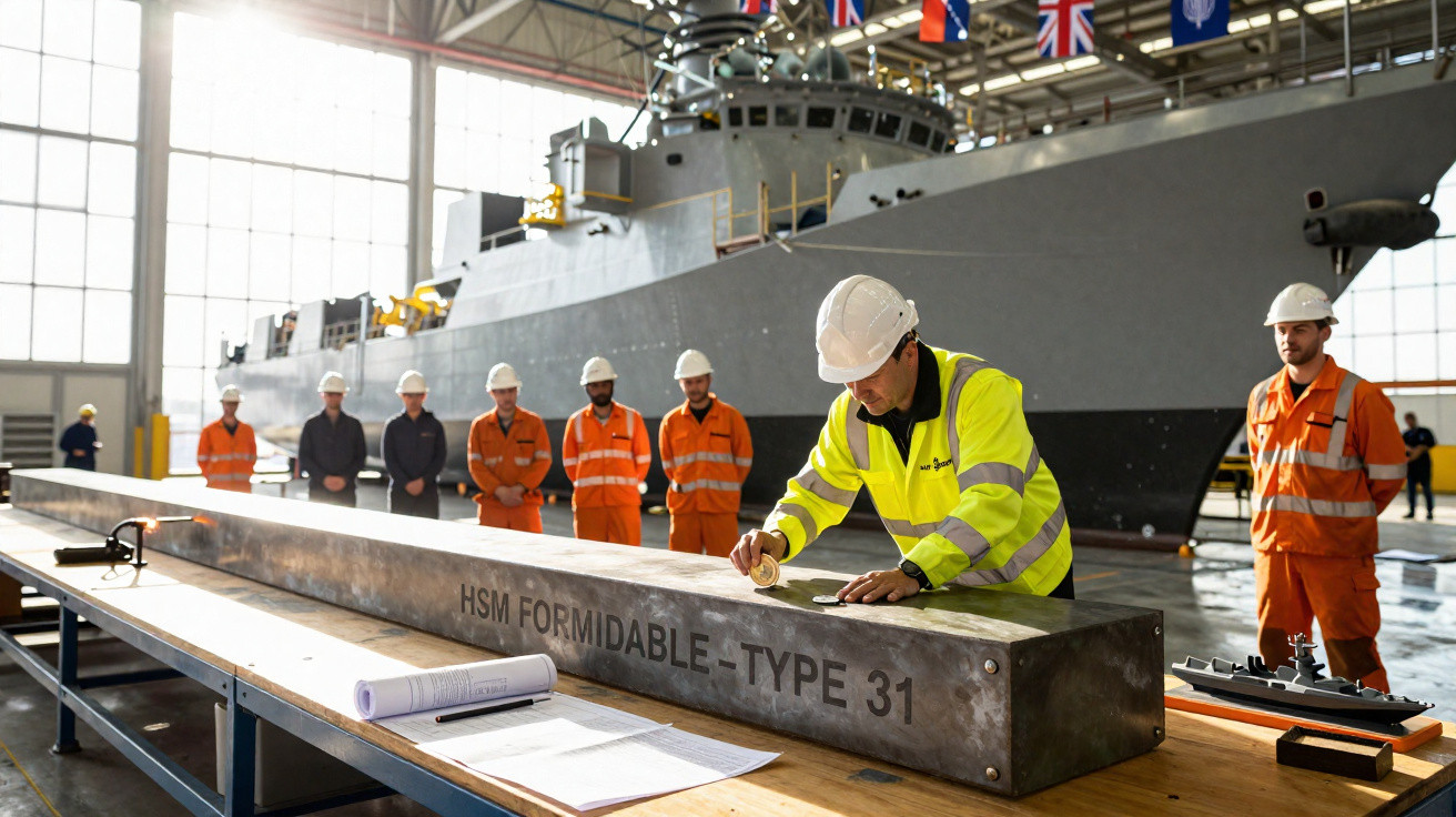 Trabalhadores com uniformes e capacetes em cerimônia na construção do navio HSM Formidable-Type 31 dentro de estaleiro.