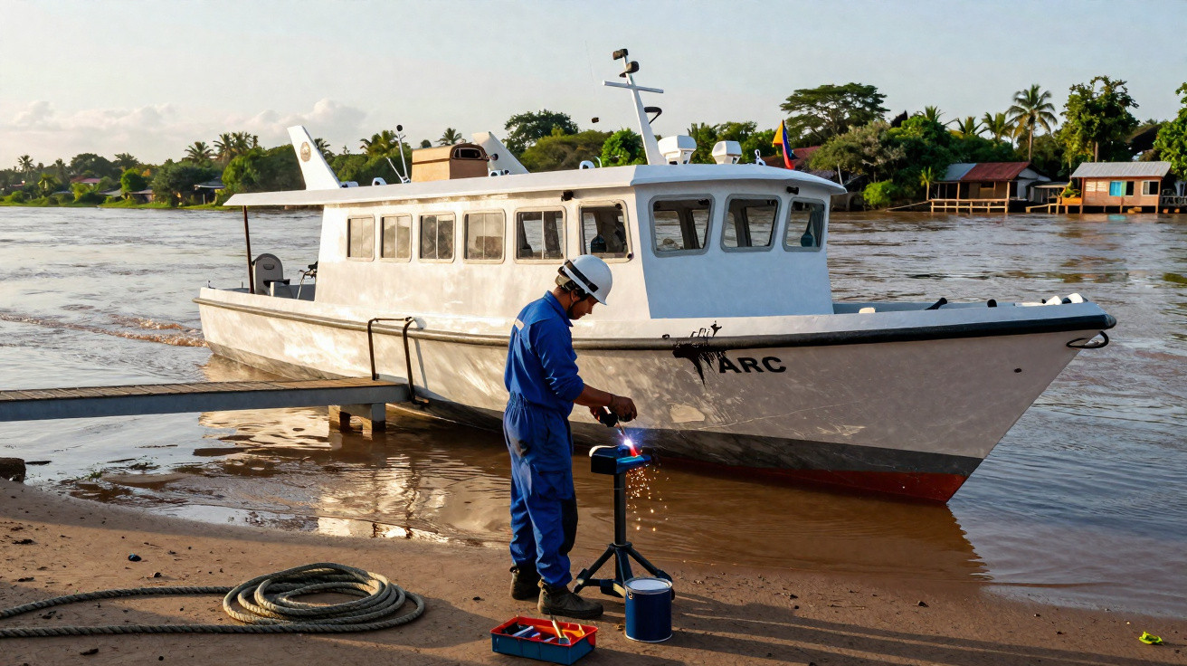 Homem com capacete realizando soldagem à beira de rio próximo a barco branco ancorado.
