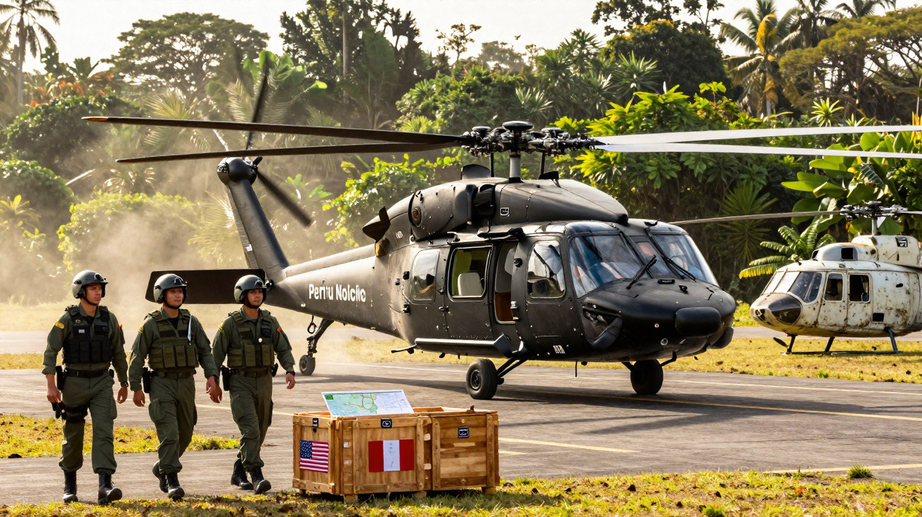 Três militares caminham próximos a um helicóptero preto com inscrição "Peru Nolchie" em área cercada por vegetação.