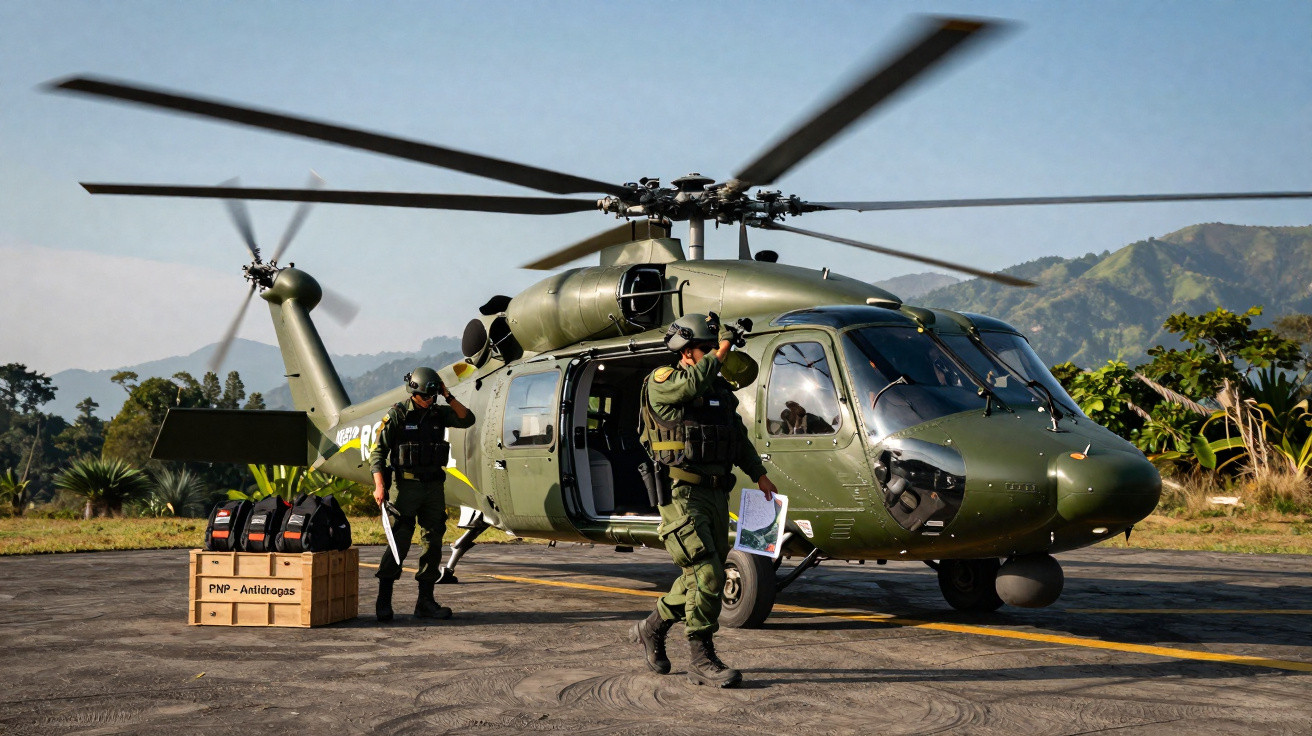 Helicóptero verde militar com dois soldados em atividade e montanhas ao fundo em dia claro.