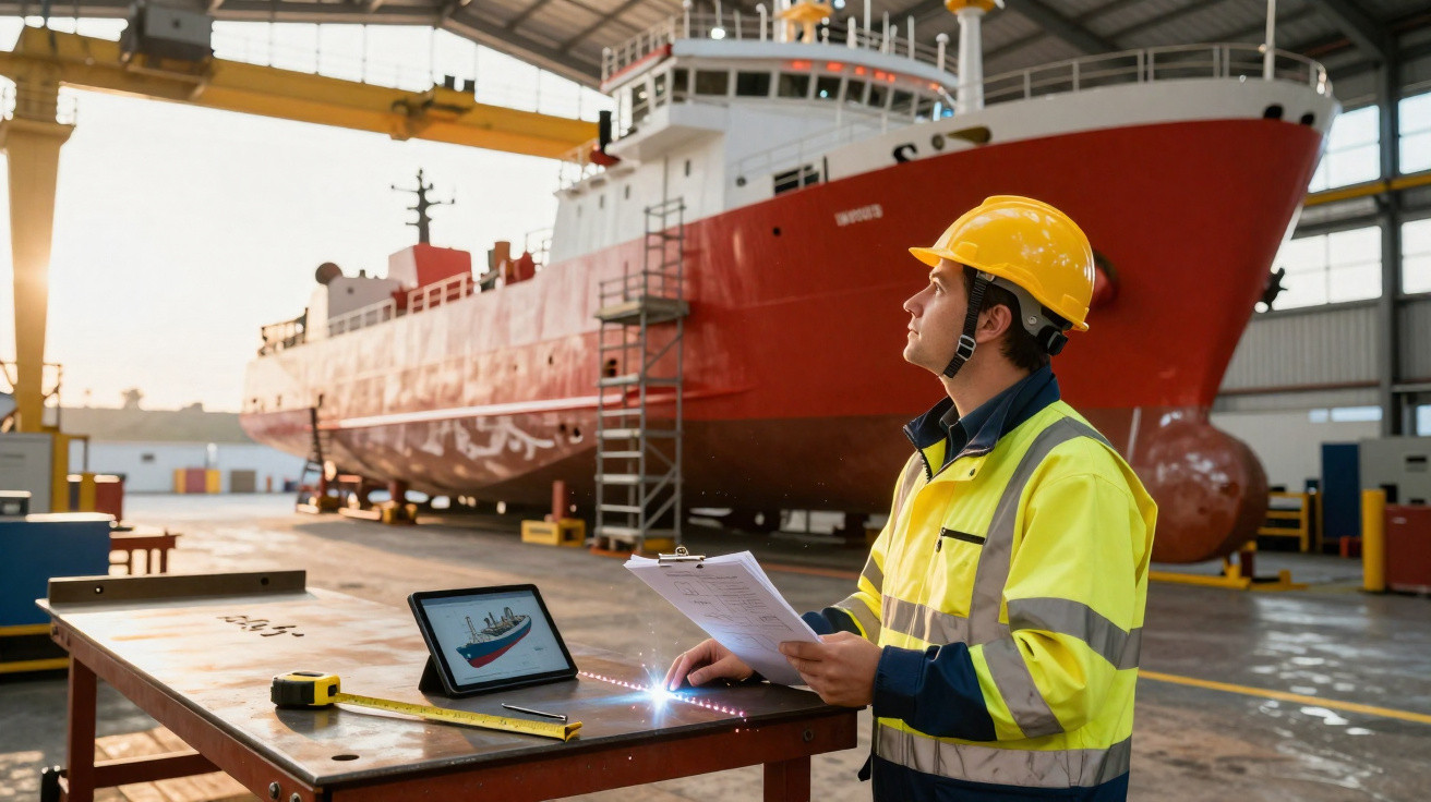Engenheiro com capacete e colete refletivo inspeciona navio vermelho em doca de manutenção.