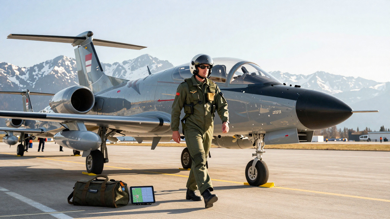 Piloto militar com capacete caminha ao lado de avião de caça estacionado em pista com montanhas ao fundo.