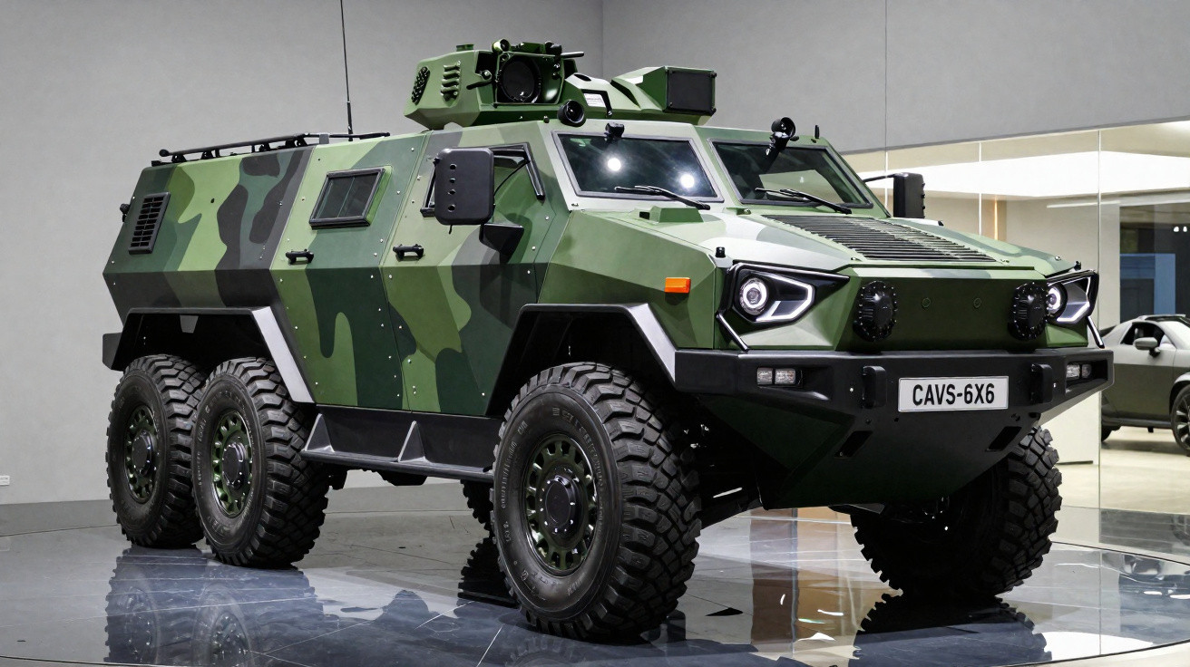 Veículo blindado militar 6x6 camuflado em verde exibido em ambiente interno.