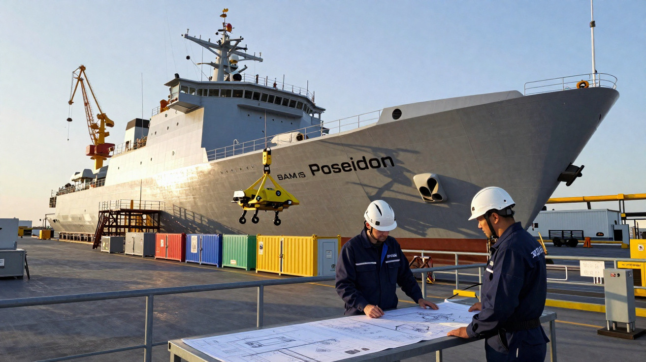 Dois trabalhadores de capacete revisam plantas junto a um navio de pesquisa chamado Poseidon no cais.