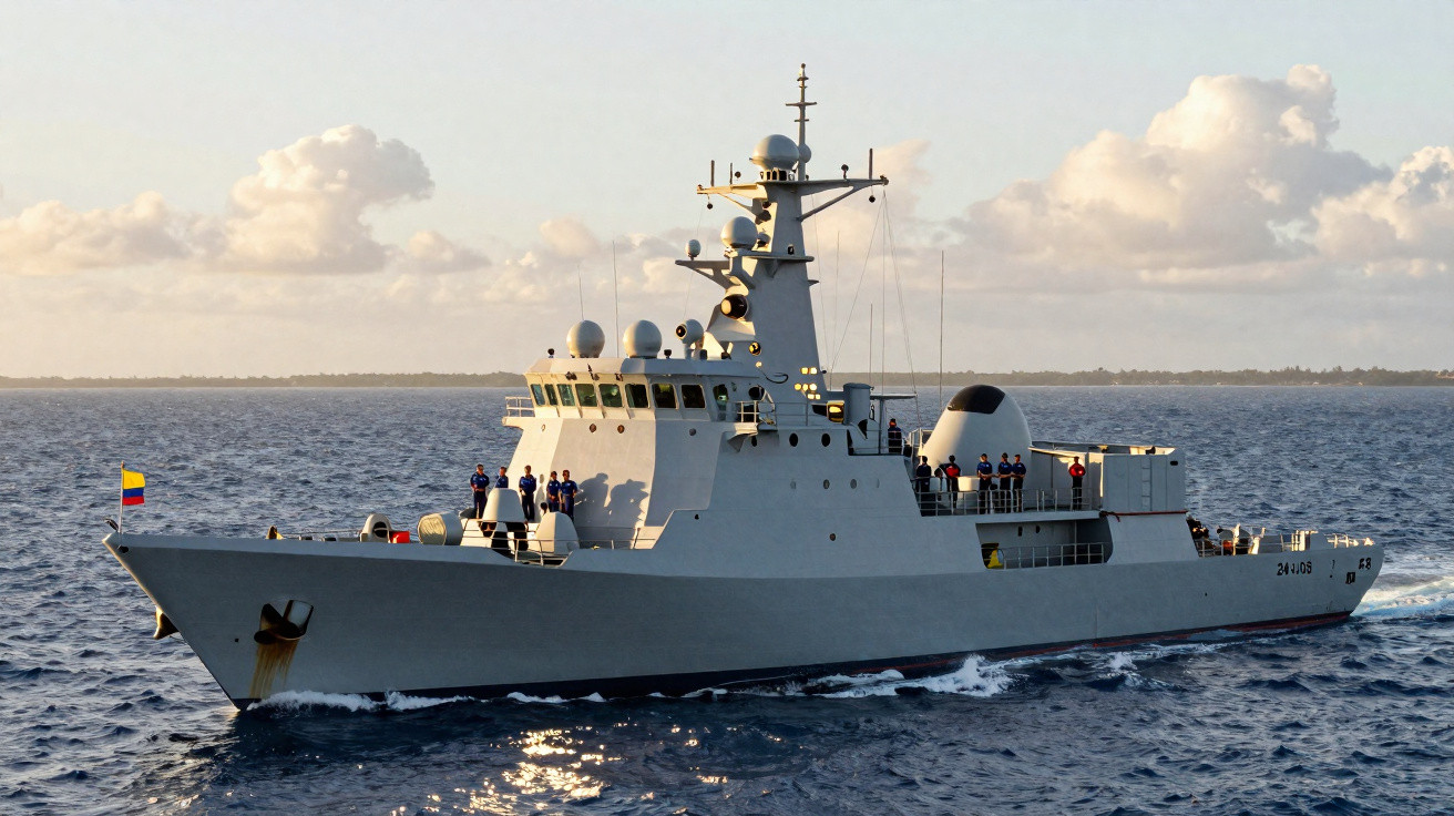 Navio militar branco com pessoas no convés navegando em mar calmo ao pôr do sol.