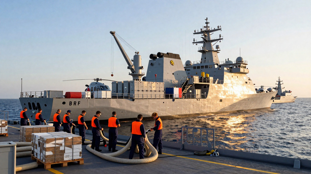 Marinheiros com coletes laranja manobram mangueiras no convés ao lado de um navio militar cinza no mar ao pôr do sol.