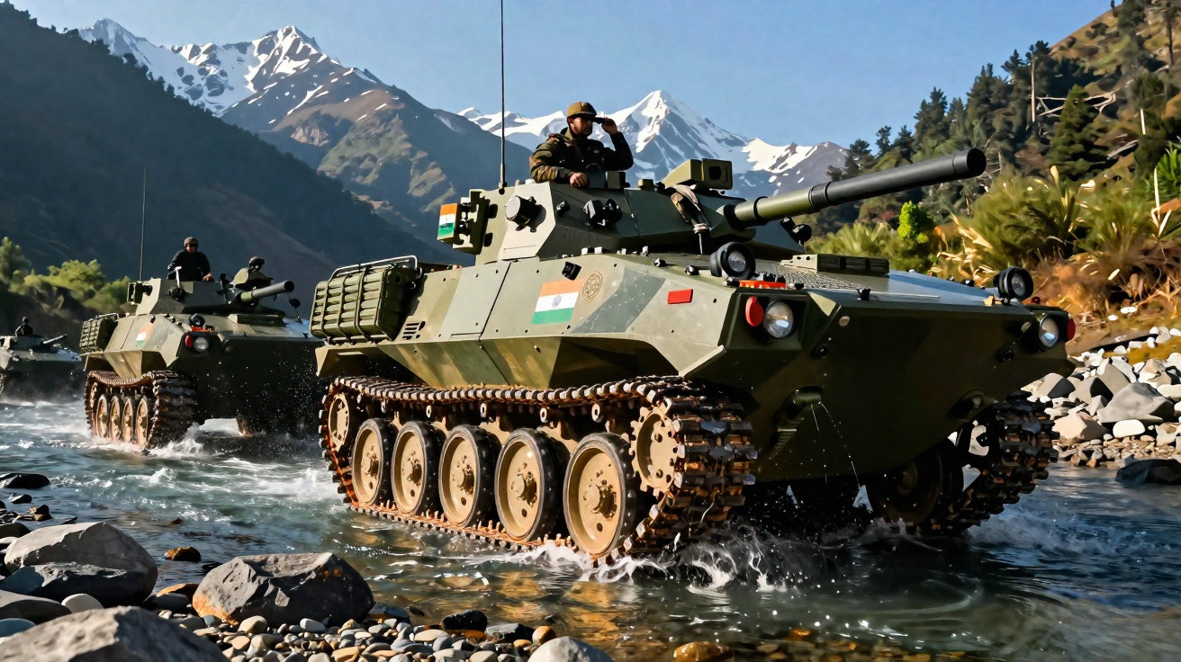 Tanques militares cruzam rio em área montanhosa com picos nevados ao fundo.