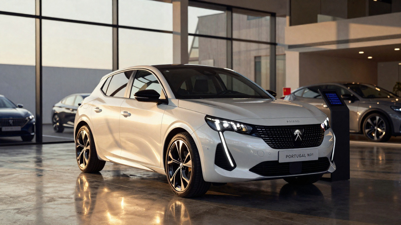 Carro Peugeot branco exposto em showroom moderno com piso brilhante e grandes janelas de vidro.