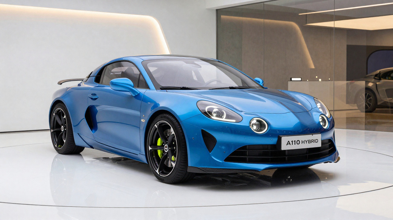 Carro esportivo azul Alpine A110 Hybrid em exposição em salão moderno com piso branco.
