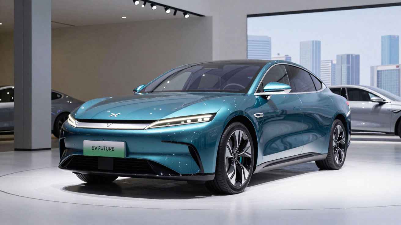 Carro elétrico azul turquesa exibido em salão, modelo sedã futurista com design aerodinâmico.