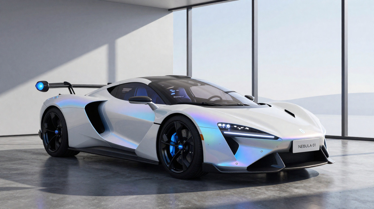 Carro esportivo branco com detalhes azuis em ambiente moderno com paredes de vidro e piso cinza.