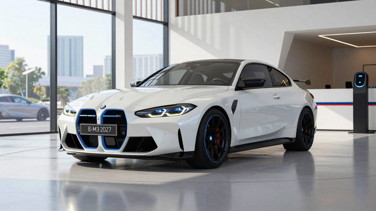 Carro esportivo branco BMW E-M3 2027 estacionado em showroom moderno com iluminação natural.