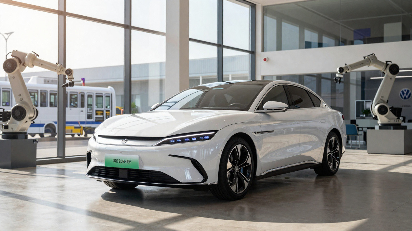 Carro elétrico branco Dresden EV em showroom moderno com braços robóticos ao fundo.