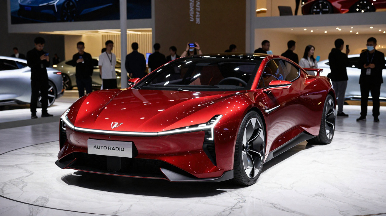 Carro esportivo vermelho brilhante em exposição com pessoas ao fundo em ambiente interno.
