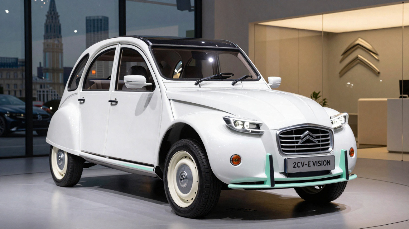 Carro Citroën 2CV-E Vision branco em exposição interna com design vintage e moderno.