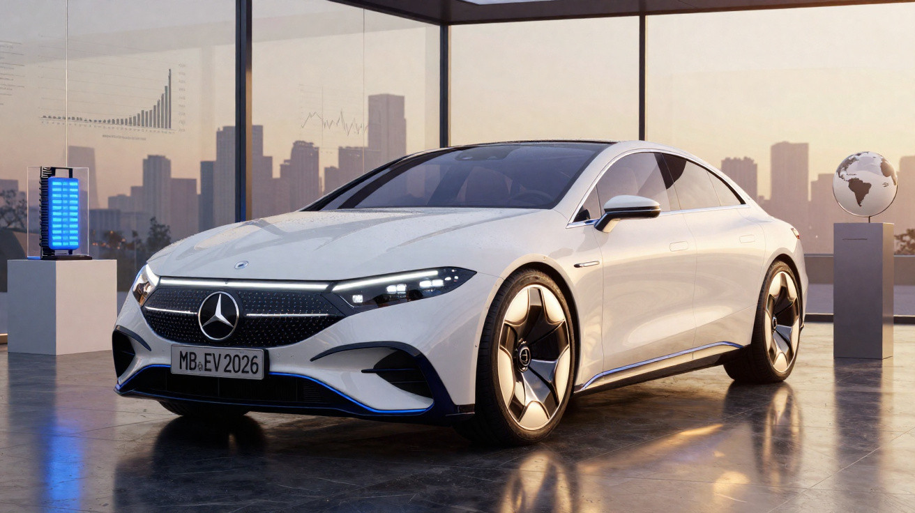Carro elétrico Mercedes-Benz branco em showroom moderno com prédios ao fundo e detalhes em azul.