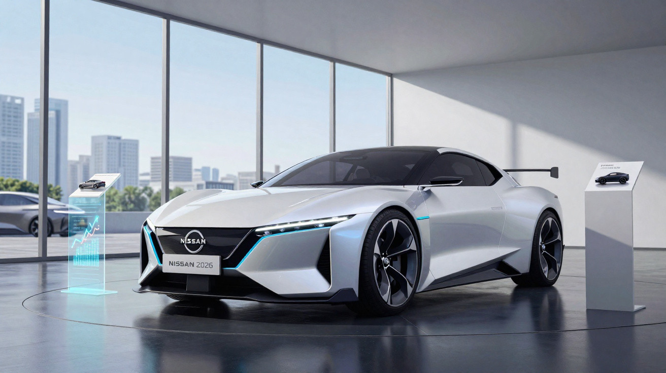 Carro esportivo Nissan 2026 prata em exposição com design futurista e detalhes em azul.