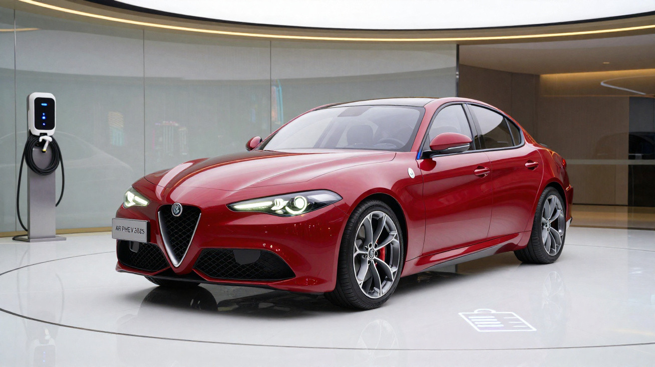 Carro esportivo sedan Alfa Romeo Giulia vermelho exposto em showroom com ponto de recarga ao lado.