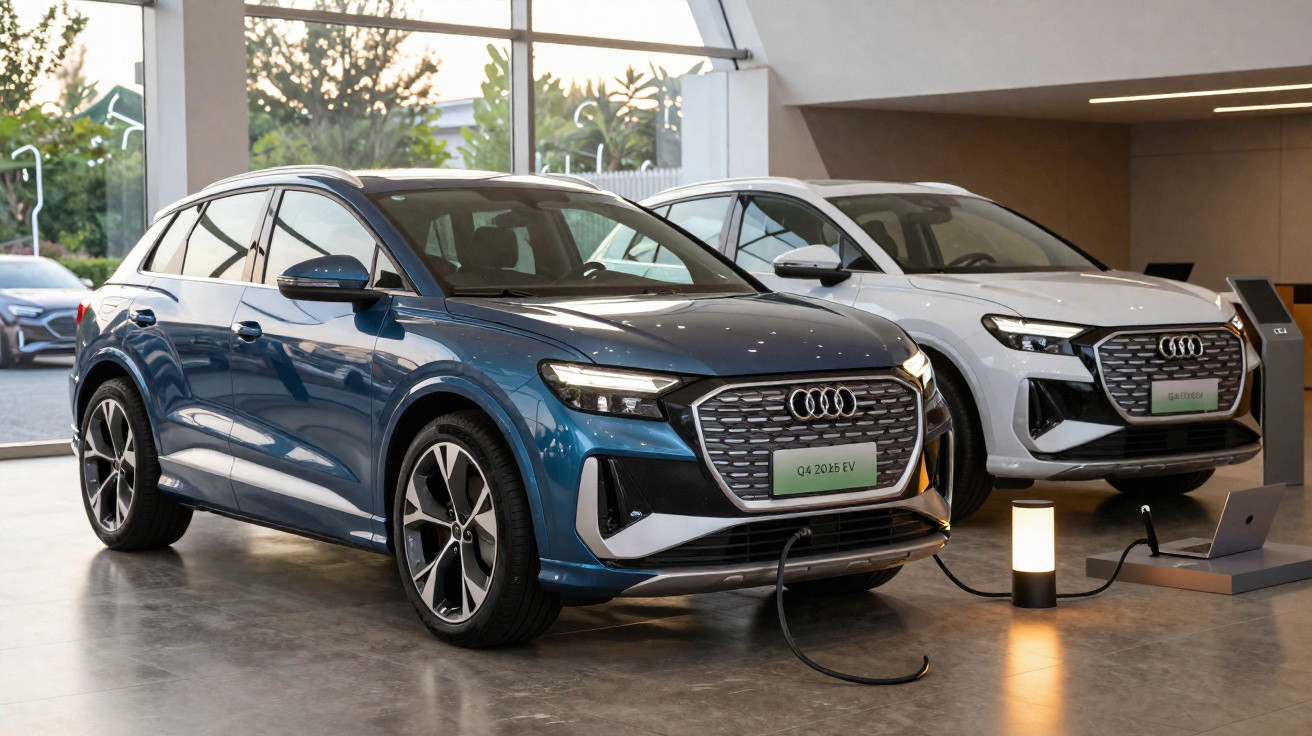 Dois carros elétricos Audi Q4 e-tron, um azul e um branco, carregando em showroom moderno.