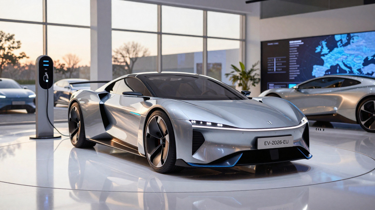 Carro esportivo elétrico prata em exposição, com estação de recarga em ambiente interno moderno.
