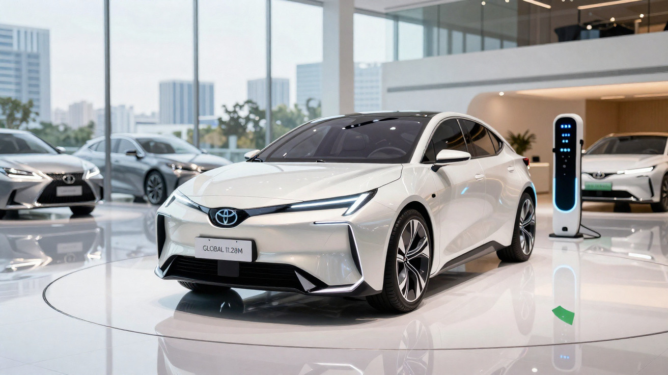 Carro elétrico branco Toyota em exposição em showroom moderno com estação de recarga ao lado.