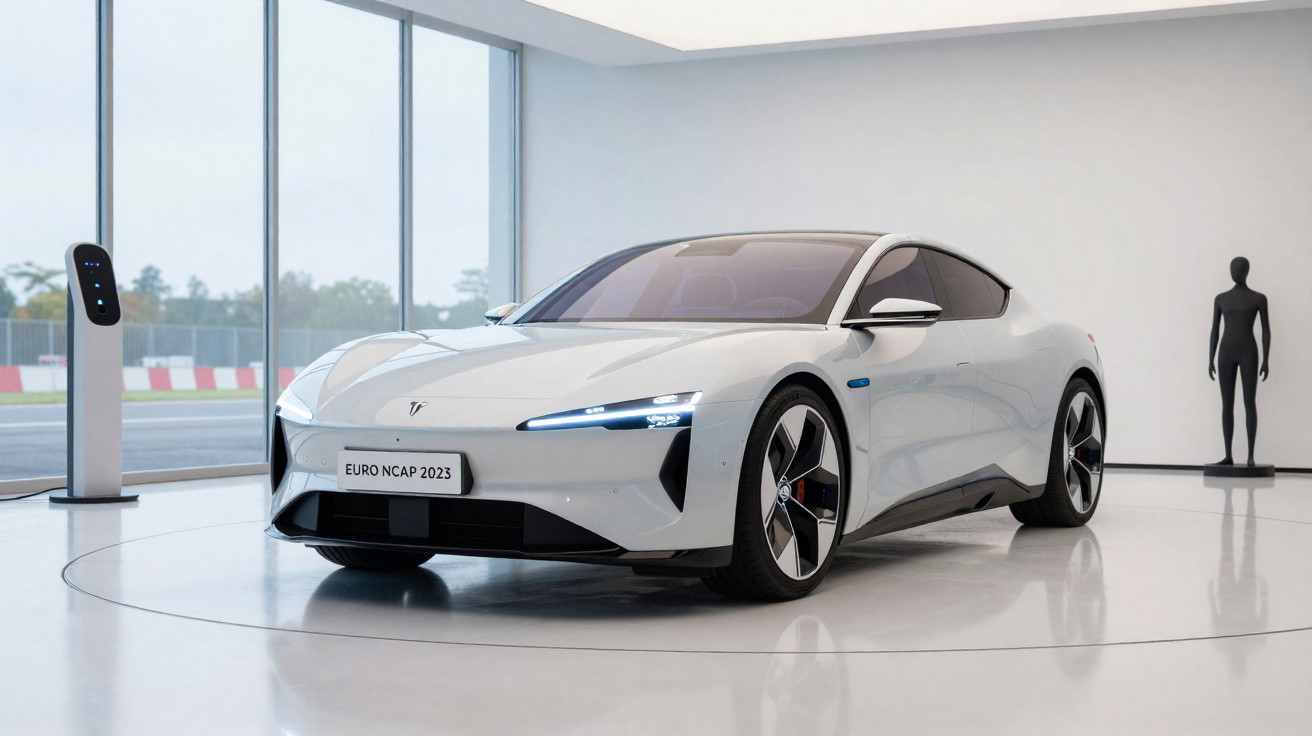Carro elétrico branco moderno em exposição interna com estação de recarga ao lado e manequim preto ao fundo.