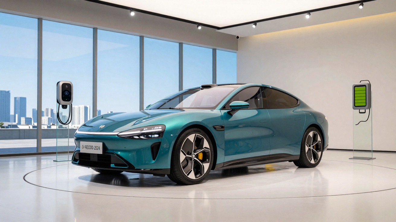 Carro elétrico esportivo azul exposto em ambiente moderno com carregadores na parede.