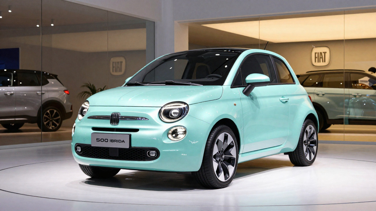 Carro Fiat 500 Híbrido na cor verde água exposto em showroom com vidro ao fundo.