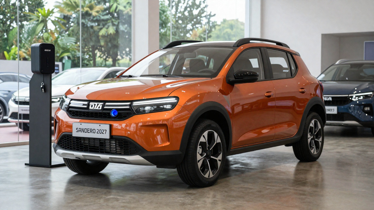Carro SUV Sandero 2027 laranja estacionado em showroom com estação de recarga elétrica ao lado.