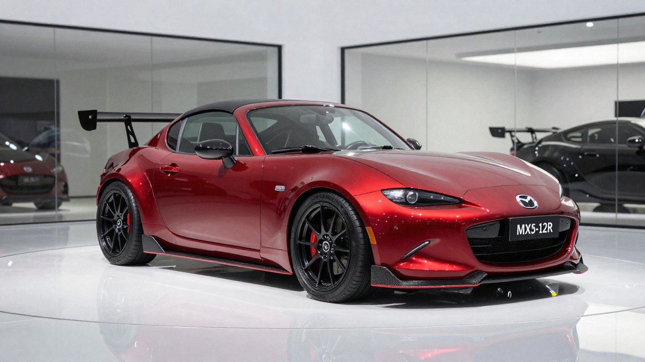 Carro esportivo Mazda MX-5R vermelho com aerofólio grande, rodas pretas e detalhes em carbono, exibido em salão.