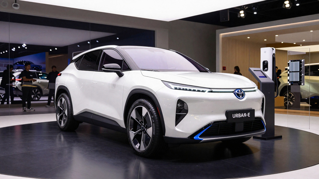 Carro elétrico branco Toyota Urban-E em exposição interna com carregador elétrico ao lado.