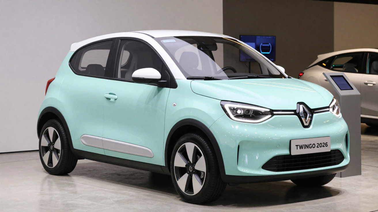 Carro Renault Twingo 2026 verde água com teto branco exposto em salão automobilístico.