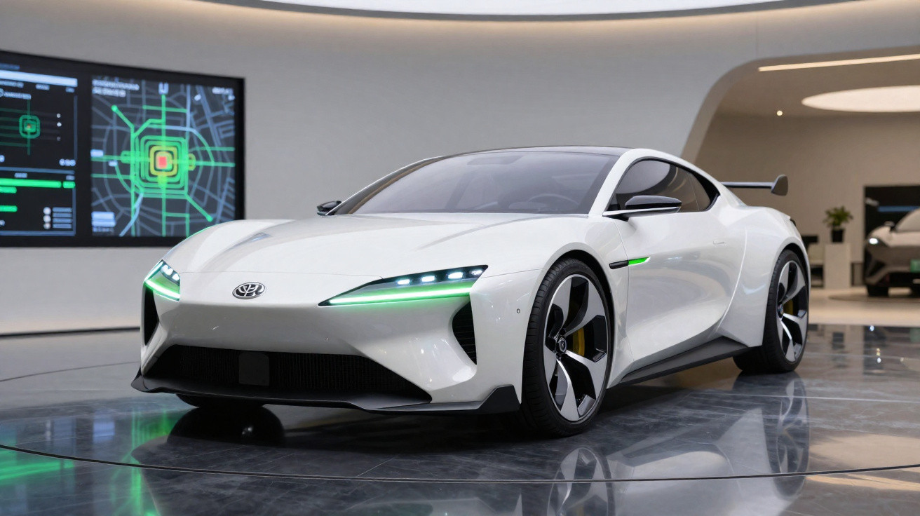 Carro esportivo branco futurista da Toyota em exposição, com luzes verdes nos faróis e rodas grandes.