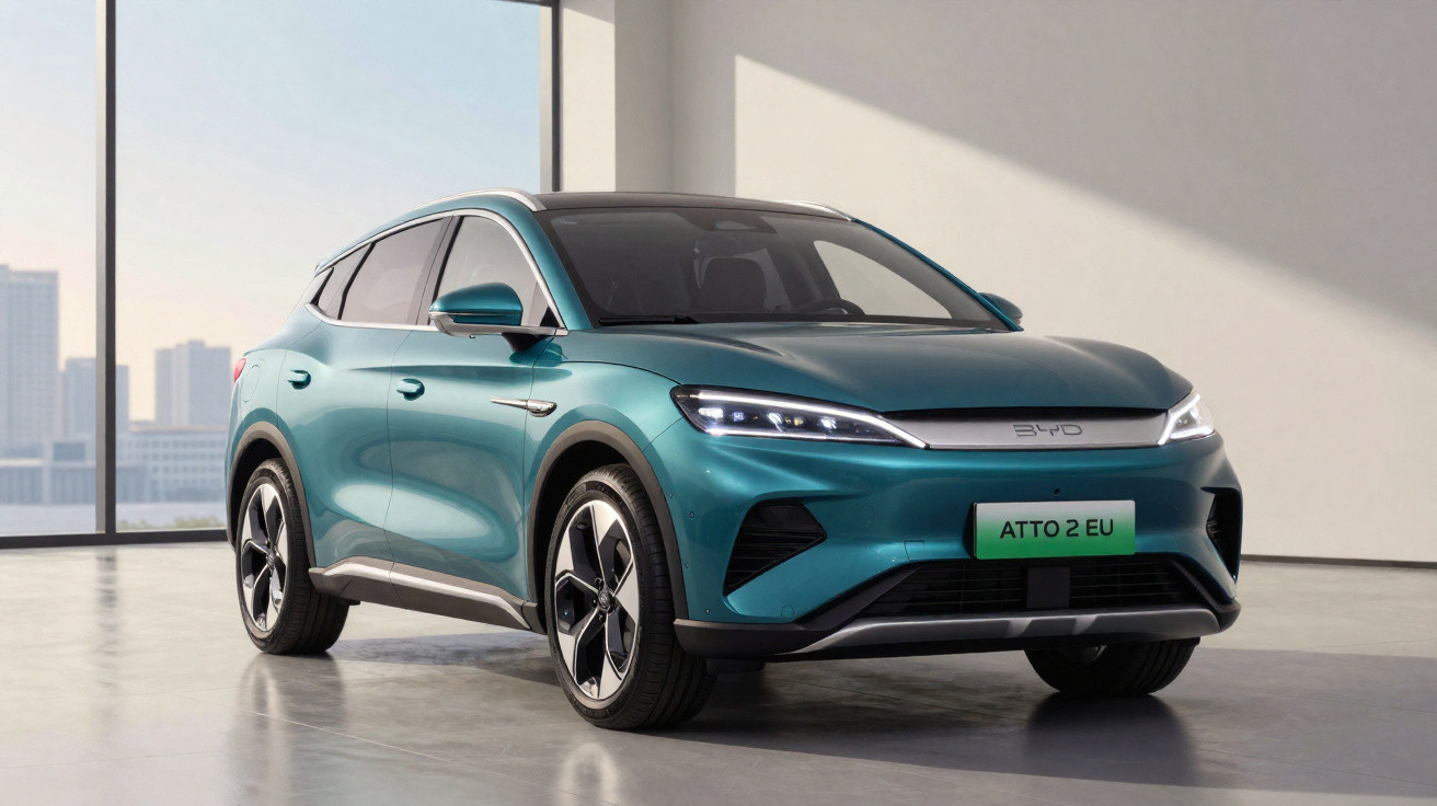 SUV elétrico BYD Atto 2 EU verde em ambiente interno com grande janela ao fundo.