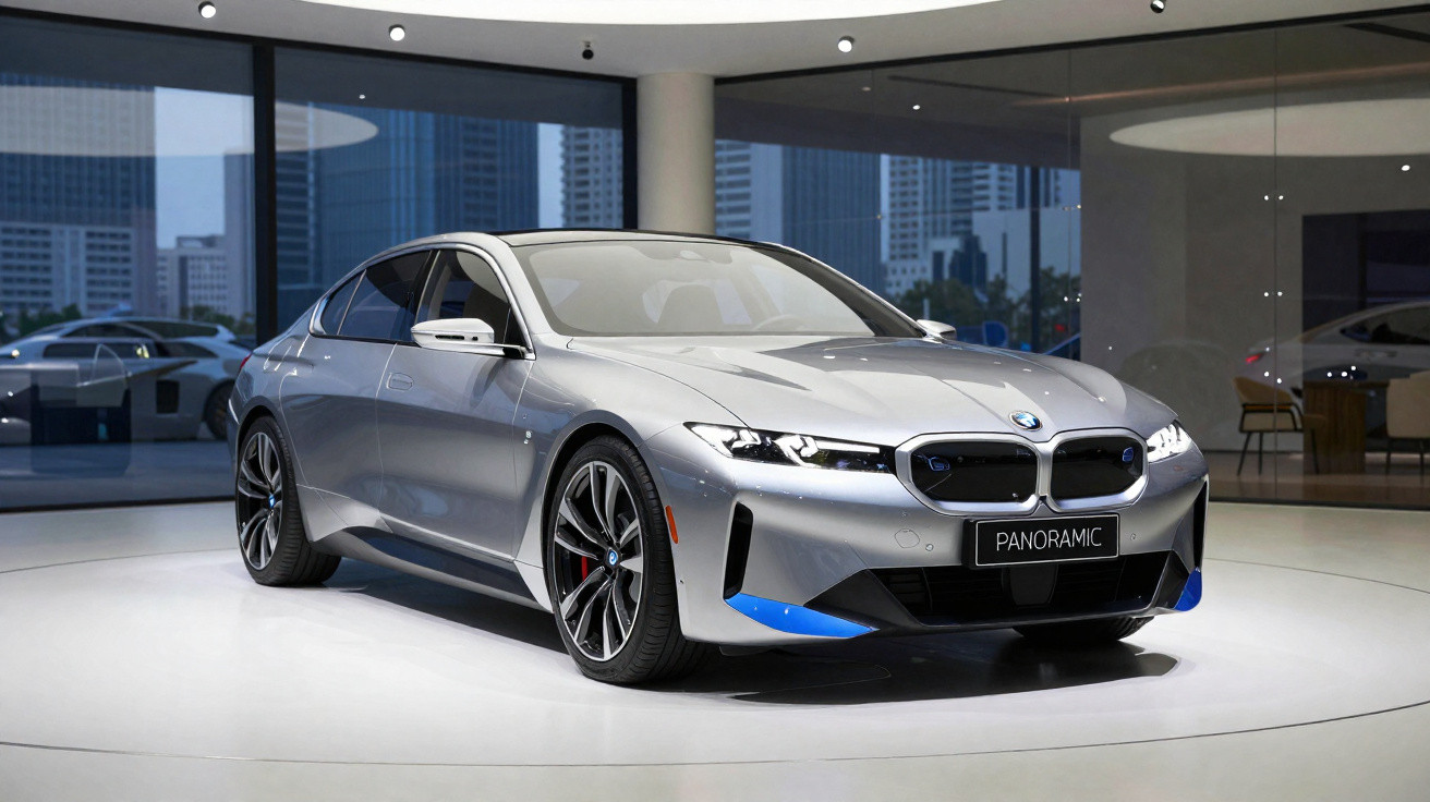 Carro sedan elétrico BMW prata exibido em showroom moderno com teto panorâmico.