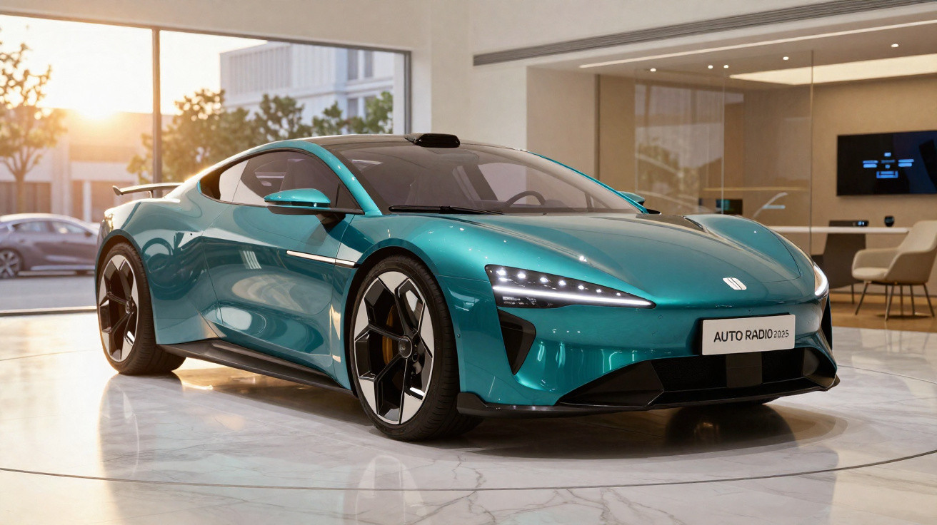 Carro esportivo elétrico azul exibido em showroom moderno com piso de mármore e luz natural.
