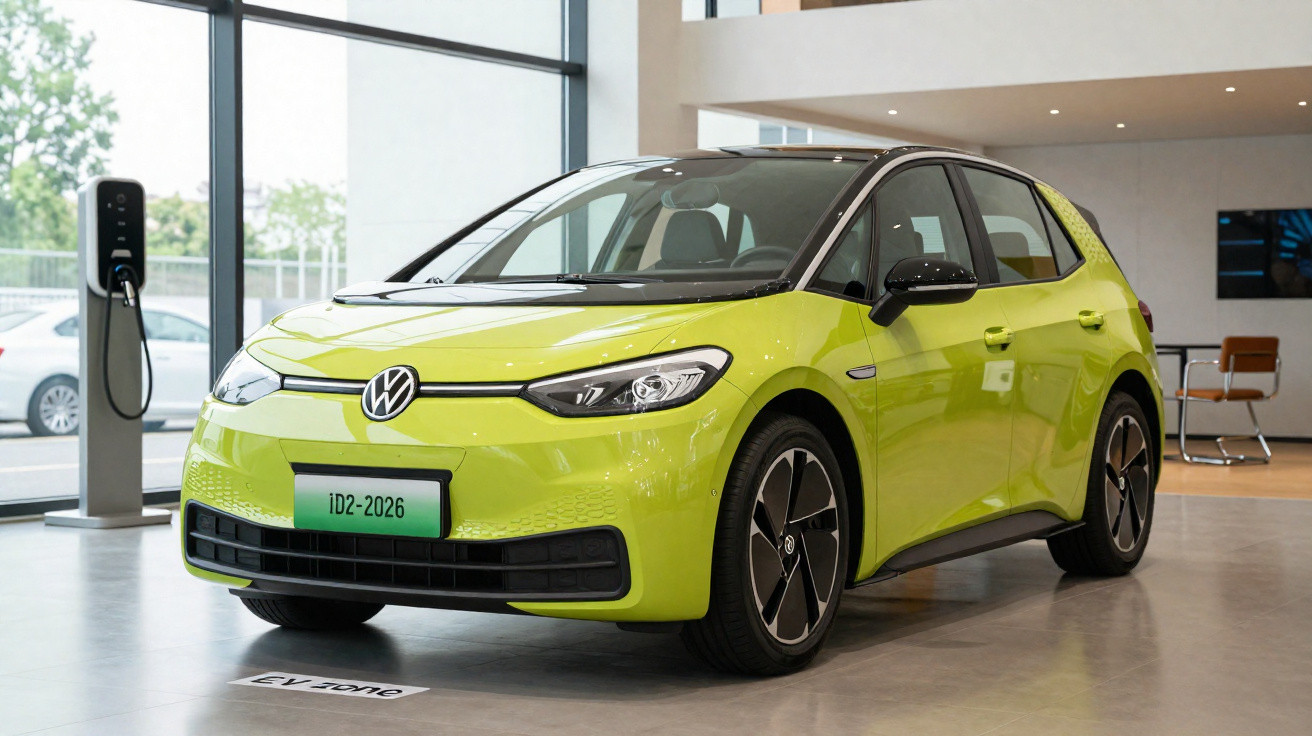 Carro elétrico Volkswagen ID.2 na cor verde limão em showroom moderno com carregador ao fundo.
