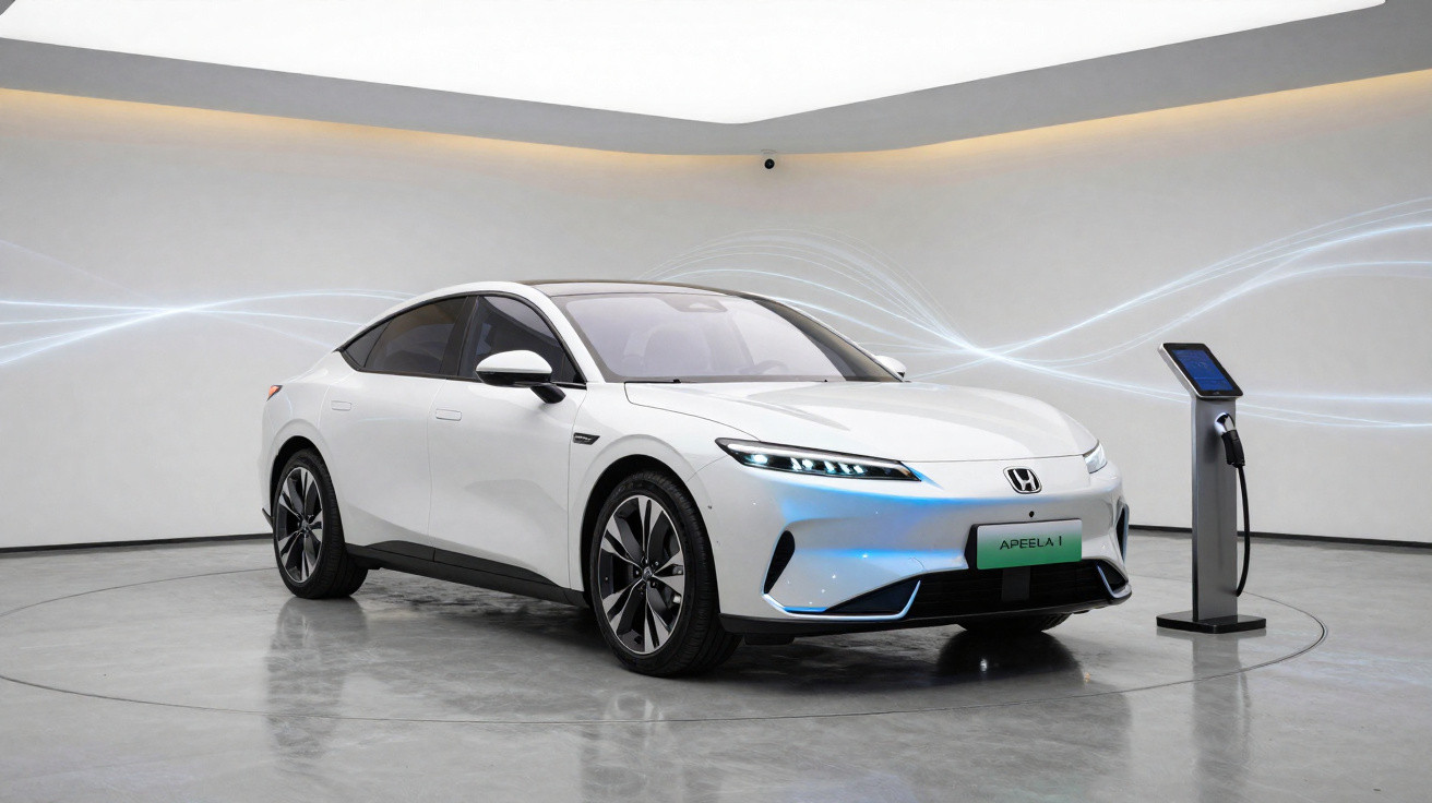 Carro elétrico branco Honda APEEAL 1 em área branca com estação de recarga ao lado.