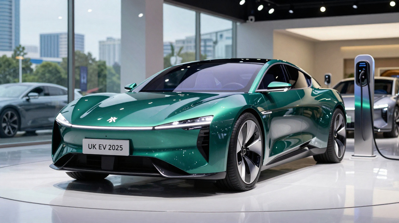 Carro elétrico verde metálico futurista modelo UK EV 2025 exibido em showroom moderno, conectado a estação de recarga.