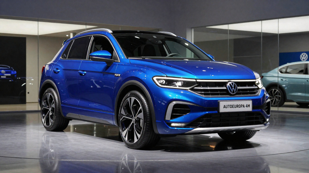 Carro SUV Volkswagen azul exposto em salão com piso refletivo e paredes espelhadas.
