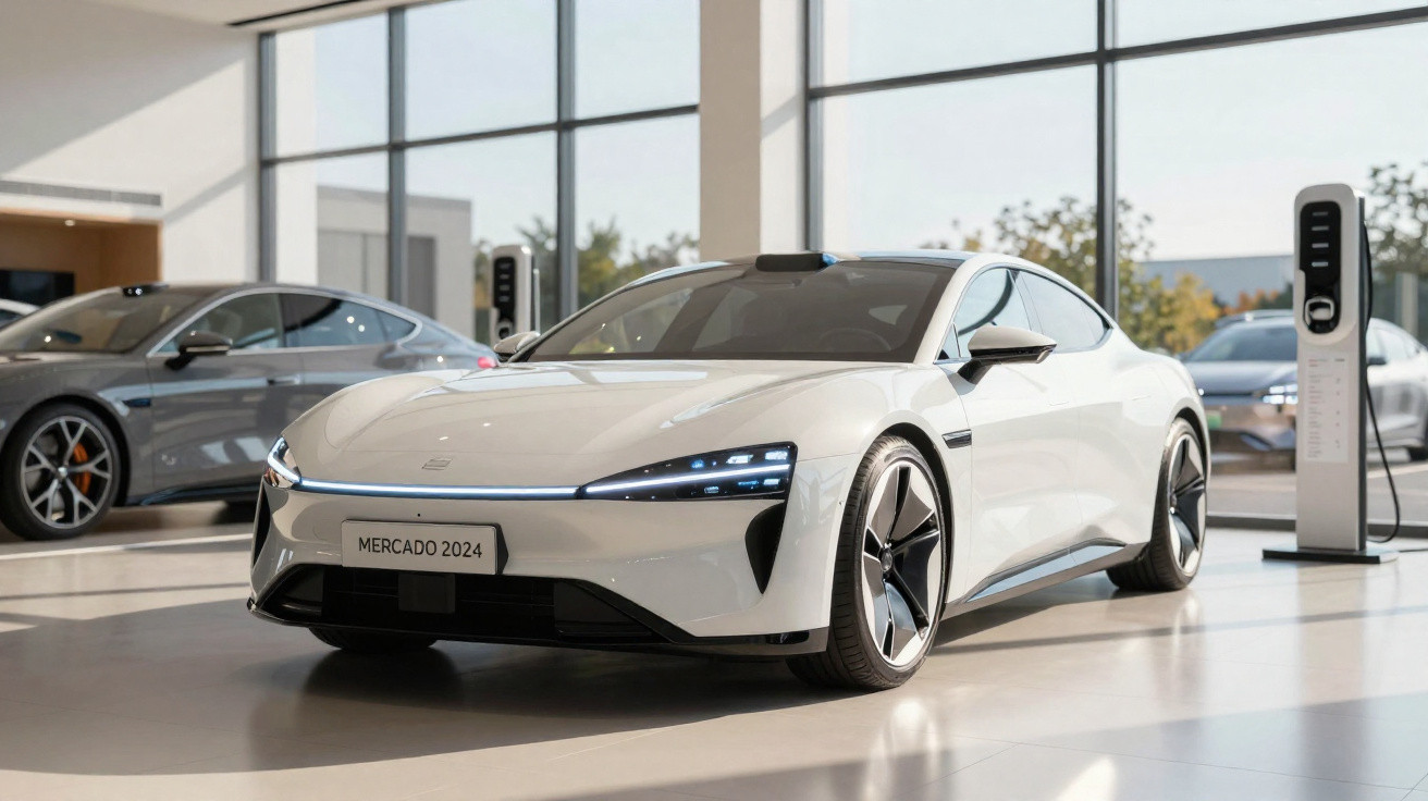 Carro elétrico branco moderno exposto em showroom com estação de recarga e vidro grande ao fundo.